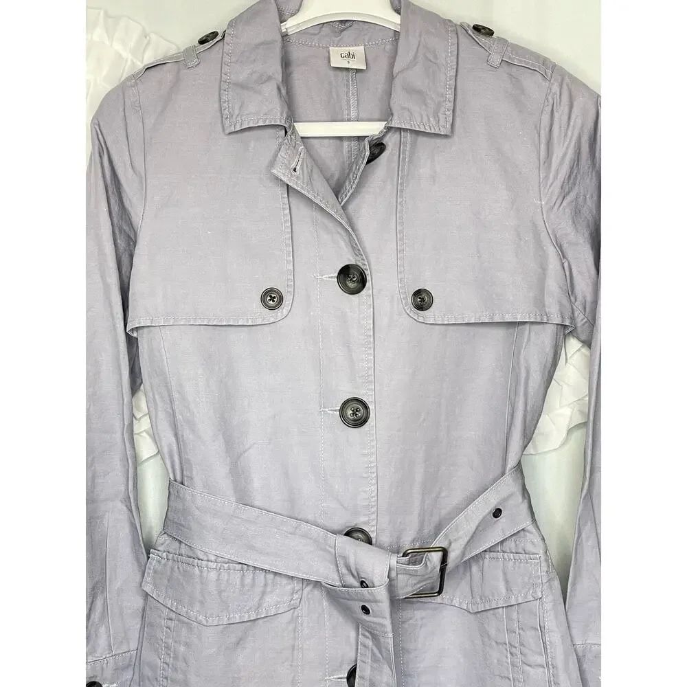 Cabi Tanner Trench Coat Linen Cotton Blend in Silver Lake Size Small